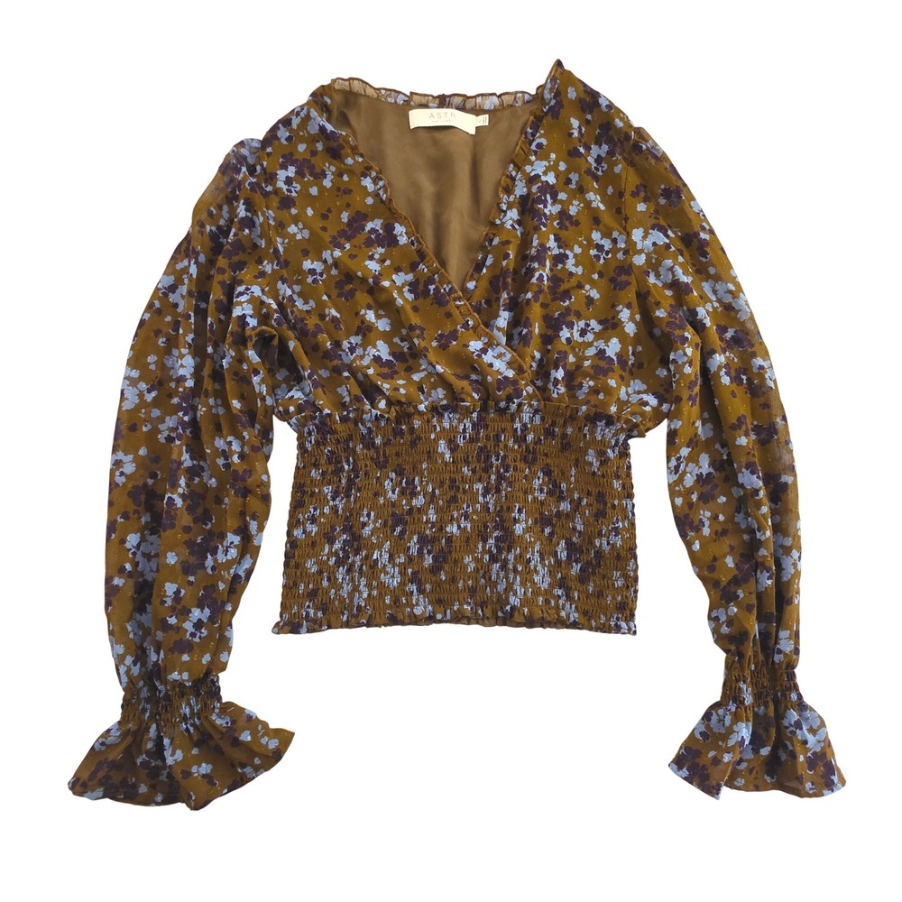ASTR‎ The Label Floral Smocked Waist Blouse AT16307 Brown Blue Large Cottagecore
